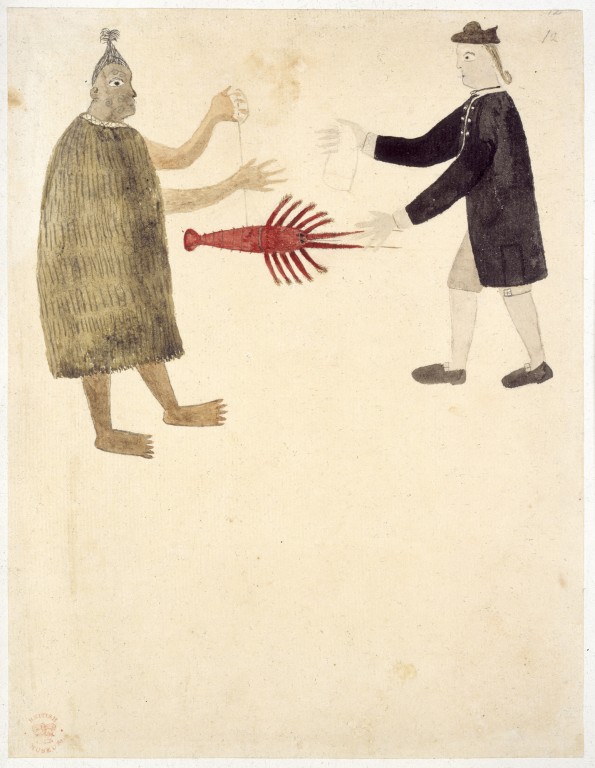 Ilustrācija Kapteiņa Kuka pirmajai ekspedīcijai 1769. gadā.  ("File:Maori bartering a crayfish - Drawings illustrative of Captain Cook's First Voyage (1769), f.11 - BL Add MS 15508.jpg" by Creator:Artist of the Chief Mourner is marked with CC0 1.0)