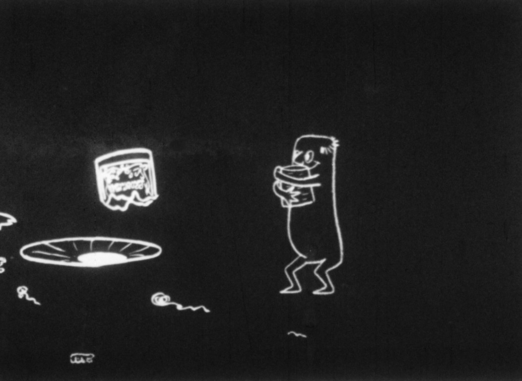 Kadrs no animācijas filmas “Problēma”. 1966. gads. Režisori Osvalds Dinvietis, Elmārs Riekstiņš. LNA LVKFFDA 31. f., dok. nr. 261.