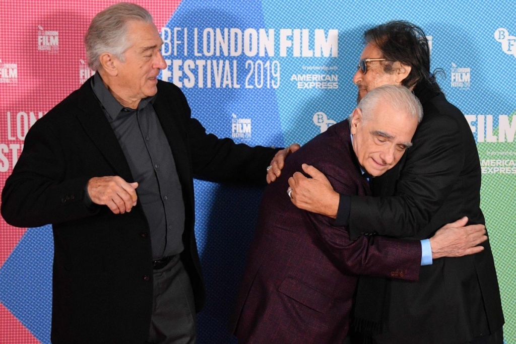 Roberts de Niro, Mārtins Skorsēze un Als Pačino filmas "The Irishman" pirmizrādē. Foto: AFP