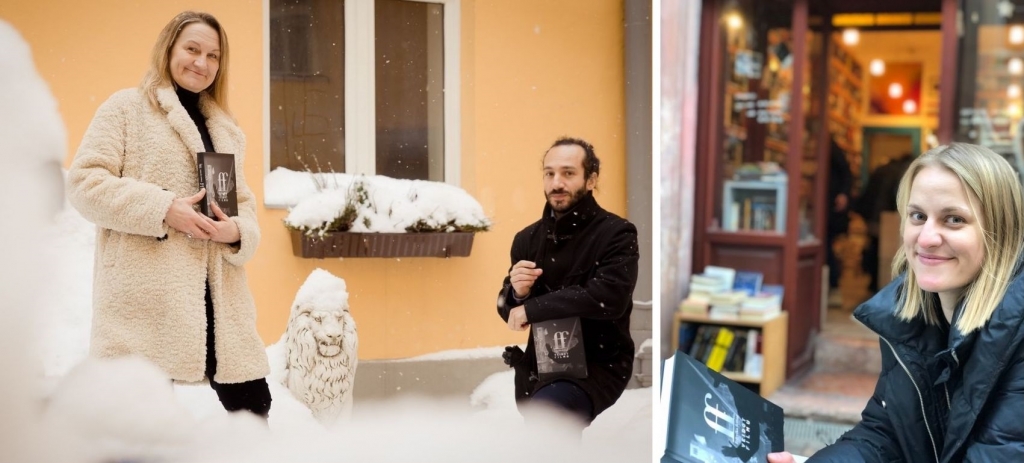 Grāmatas "Veidot filmu" latviešu tulkojuma līdzdalībnieki 2021. gada februārī - Jana un Džulio Rīgā, Līva - Itālijā